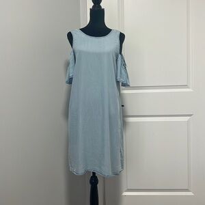 Noisy May Womens Chambray Open Shoulder Ruffle Tencel Dress Short Sleeve Blue M